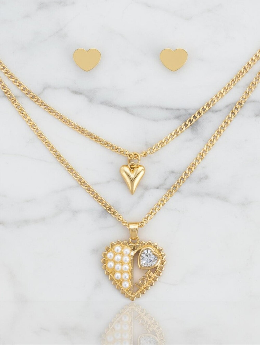18K Gold Filled Layered Heart Pendant Necklace & Earring Set